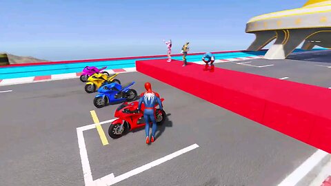 SPIDERMAN CARS Racing Challenge on MULTI Rampa ! SUPERHERO HULK Goku Motos BIKE JET SKI Race - GTA 5