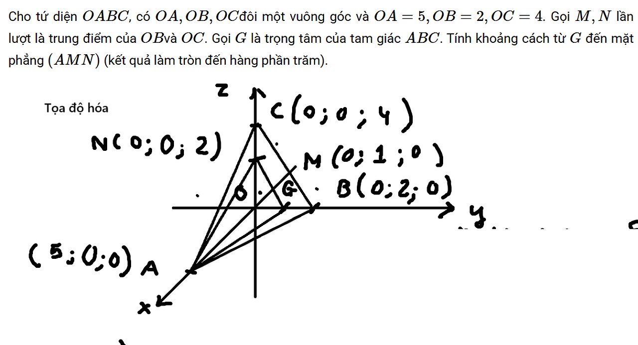 Cho tứ diện O.ABC , có OA , OB , OC đôi một vuông góc và OA = 5 , OB = 2 , OC = 4