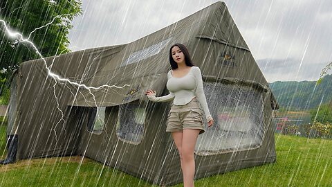 Solo Girl Camping in Heavy Rain☔️with 2-Room Inflatable Tent⚡️ Rain & Thunderstorms ASMR