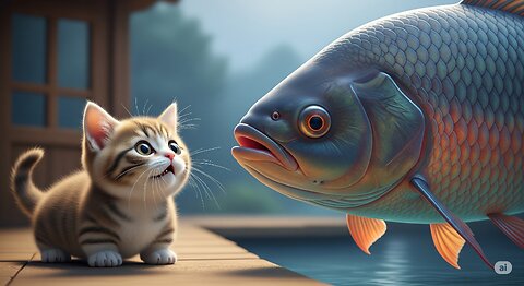 Kitten Meets HUGE Live Fish For The First Time! Unbelievable Reaction!