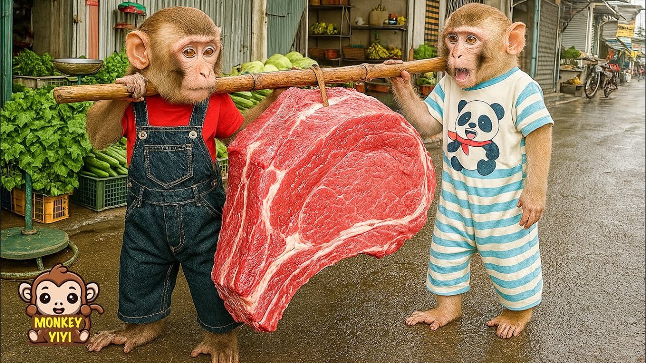 How YiYi and YinYin go to the market to buy meat to cook for family