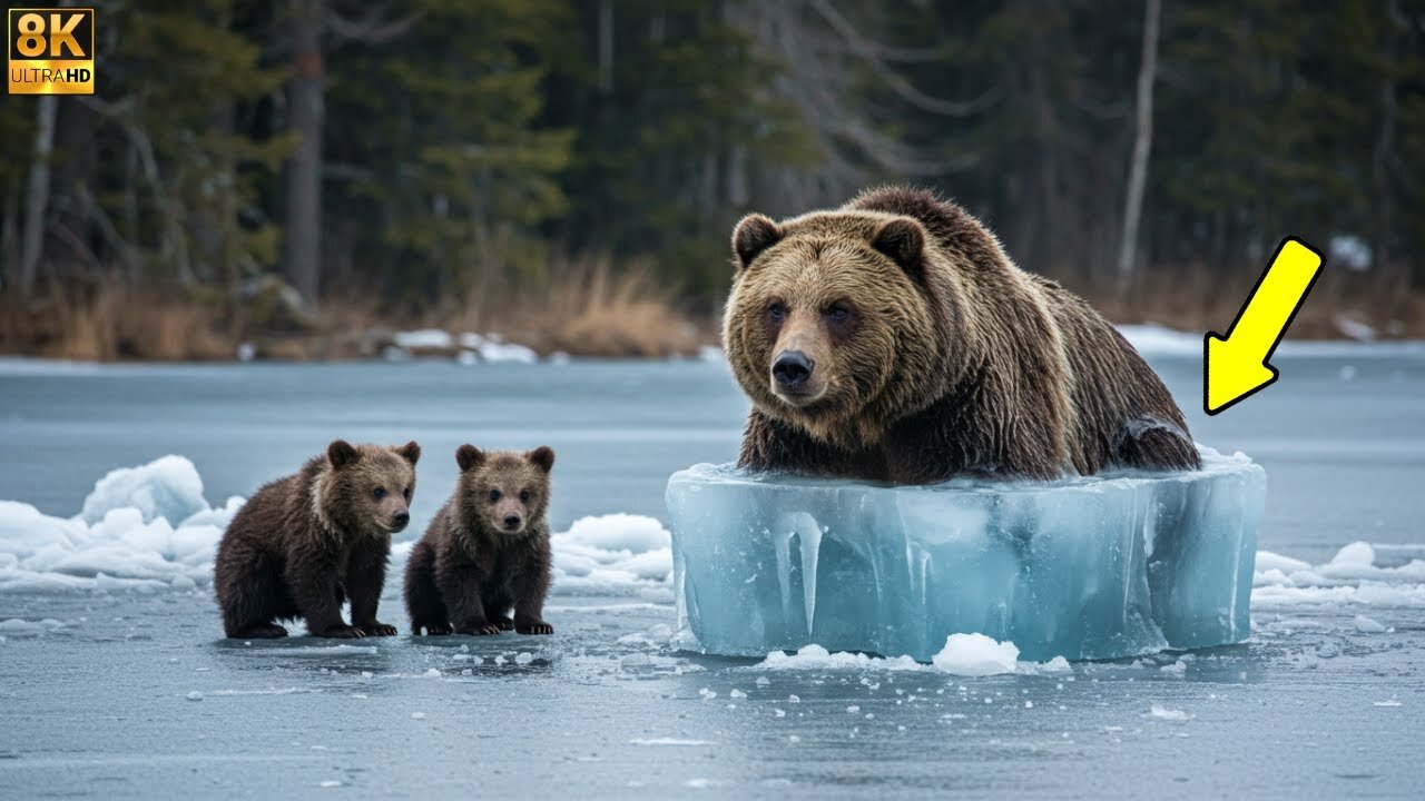Grizzly Bear Frozen in Lake: A Dramatic Struggle for Survival & Rescue! 🐻❄️🚨