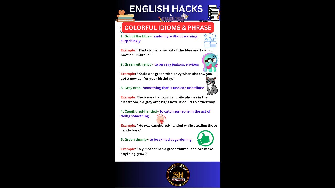Idioms and Phrases related to colours important for exam #studyhacks123 #english #idioms #shorts
