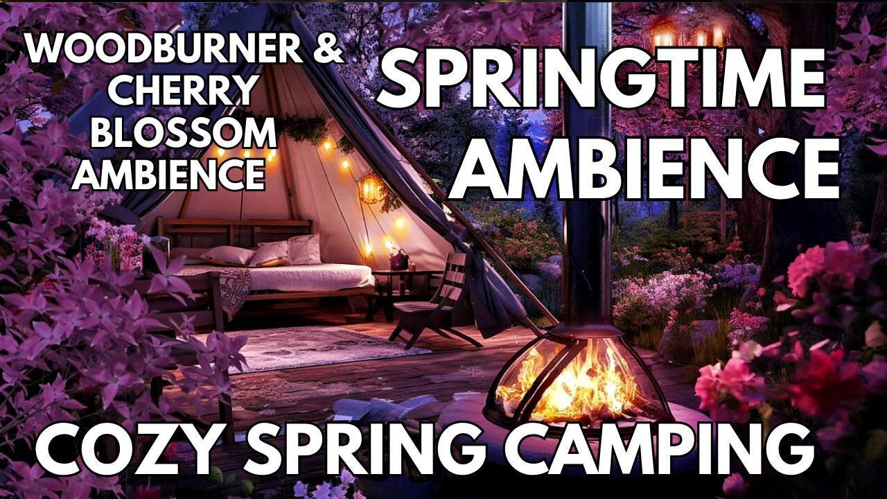 ⛺Cozy Spring Camping Ambience | Campfire & Cherry Blossom Trees | Springtime 4K ASMR