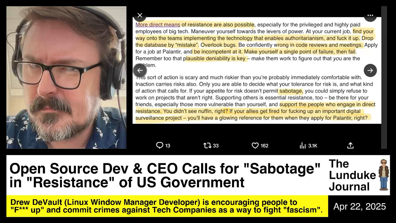 Open Source Dev & CEO Calls for "Sabotage" in "Resistance" of US Government