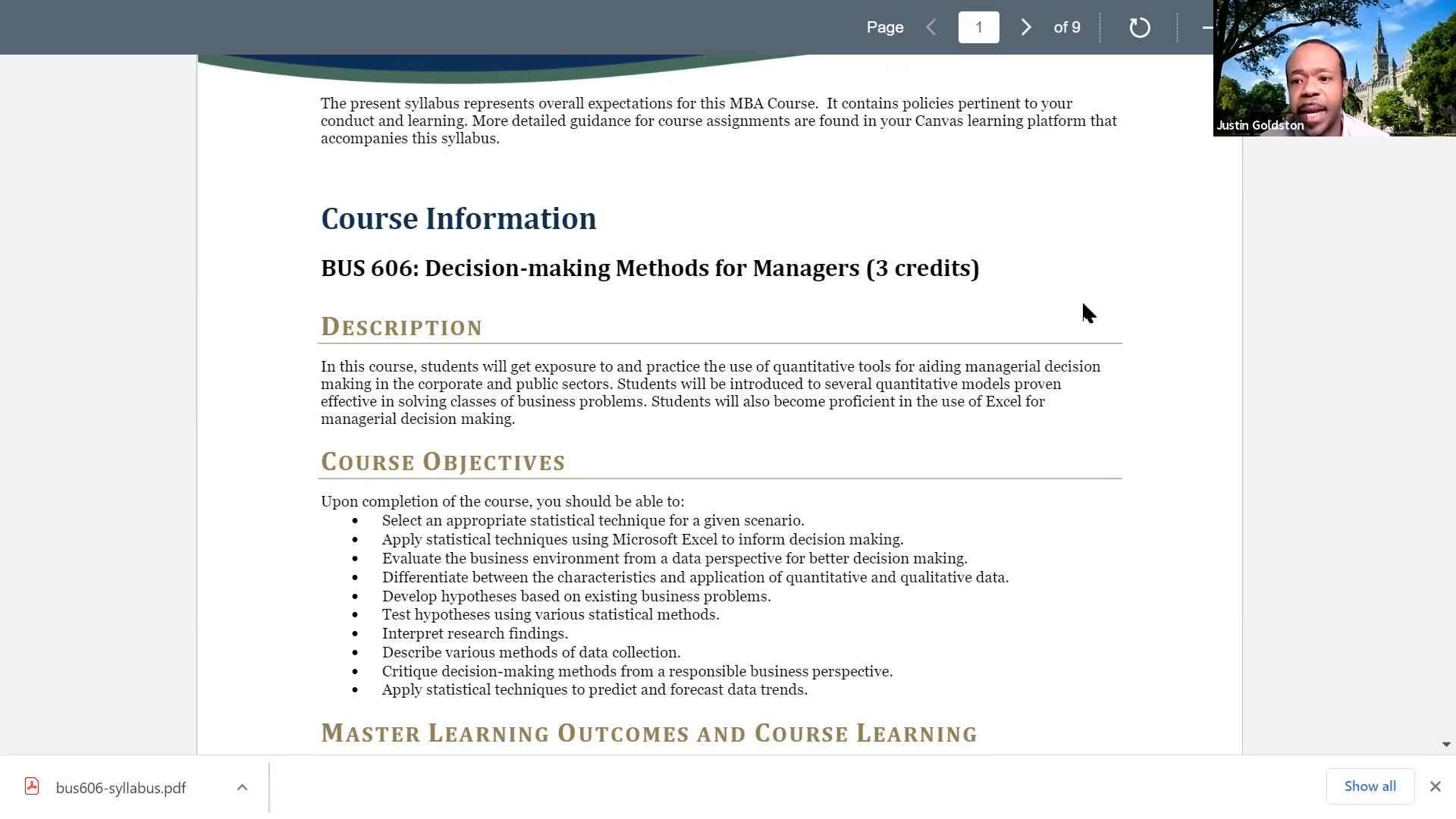 BUS606 - Managerial Decision-Making - Dr. Justin Goldston Lecture - CSUMB c. 2019