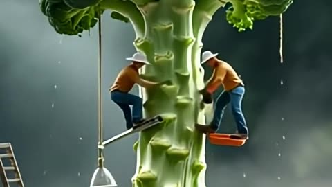 Tiny Gardeners Trimming a Giant Broccoli
