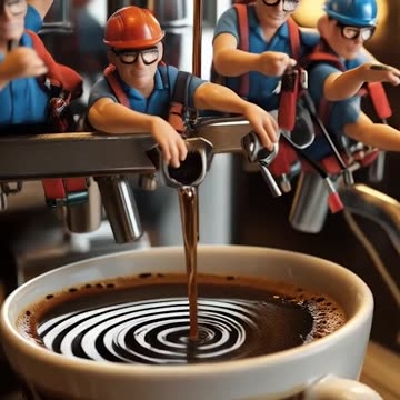a cup of coffee with Miniature people working of workers pouring coffee