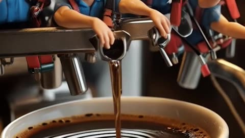 a cup of coffee with Miniature people working of workers pouring coffee