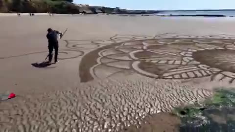 Pierre-Louis Cullier, a 20-year-old artist from France, transforms the sand into intricate artworks.