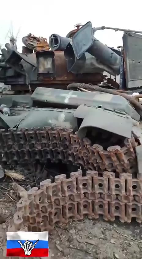 Another destroyed Ukrainian T-64BV tank with crosses