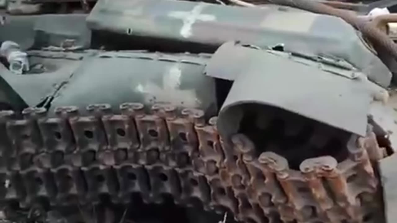 Another destroyed Ukrainian T-64BV tank with crosses