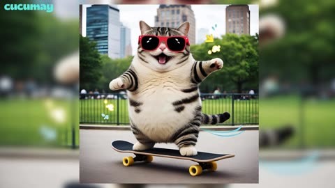 A chubby cat wearing sunglasses, dancing on a skateboard in a city park