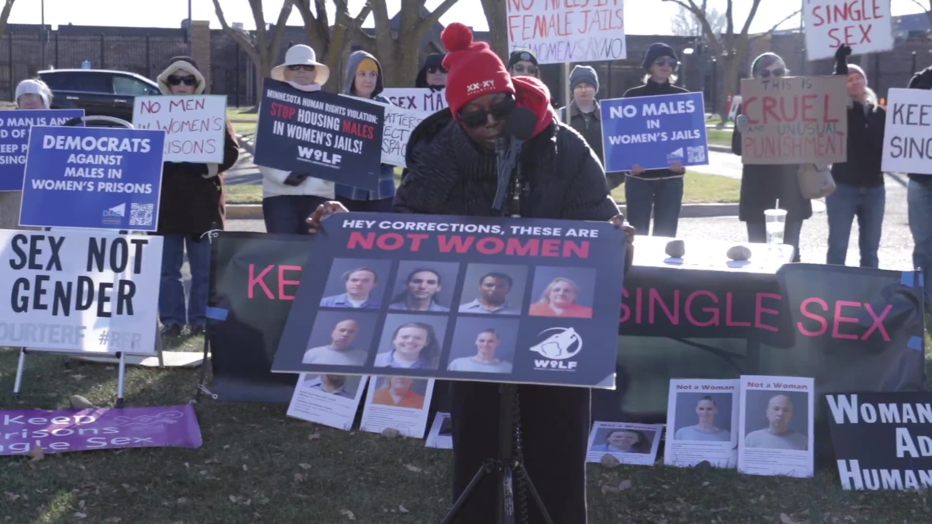Tish Hyman at a protest today against Minnesotas policy allowing men in the states womens prison: