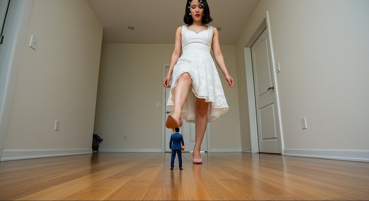 Giant East Asian girl with pink high heels step on the tiny man squished flat