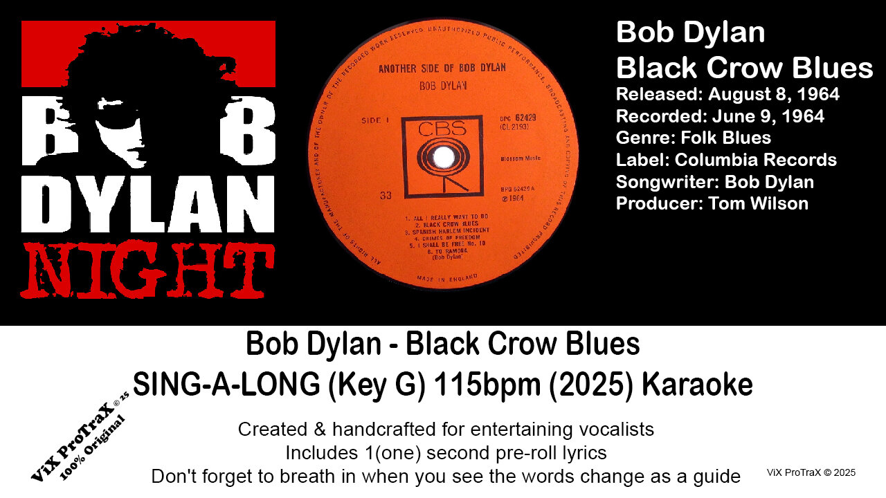 Bob Dylan - Black Crow Blues - SING-A-LONG (Key G) 115bpm (2025) Karaoke