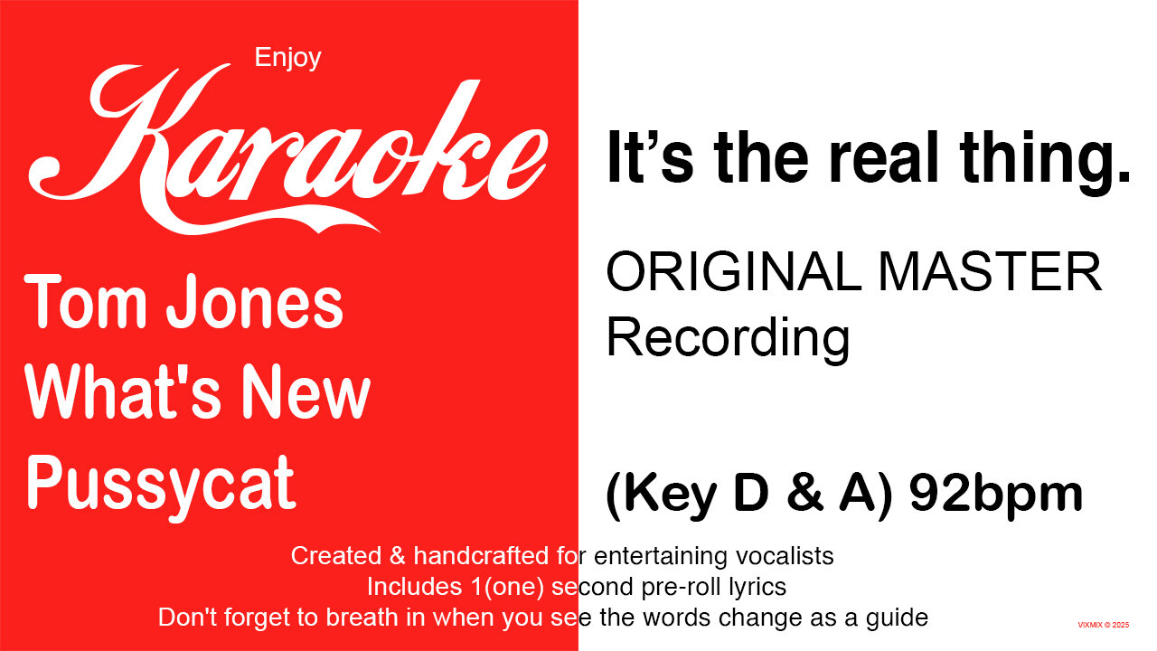 Tom Jones - What's New Pussycat (Key D & A) 92bpm (2025) Karaoke