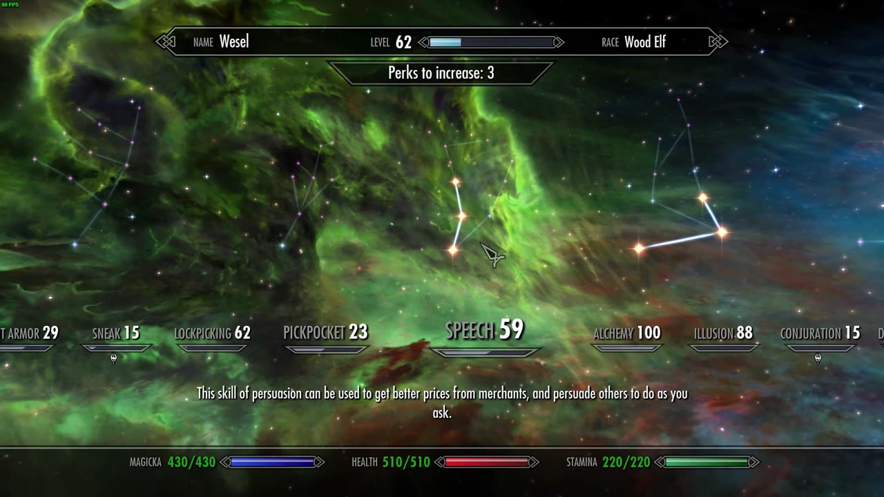 Skyrim Special Edition wesel survival legendary no cheats save display