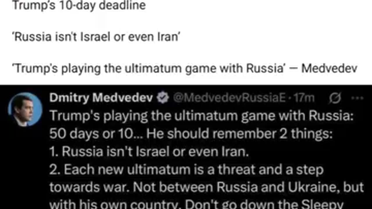 Trump we aren't Isreal or Iran . You fuck around you will find out ~ writes Medvedev Russian Security