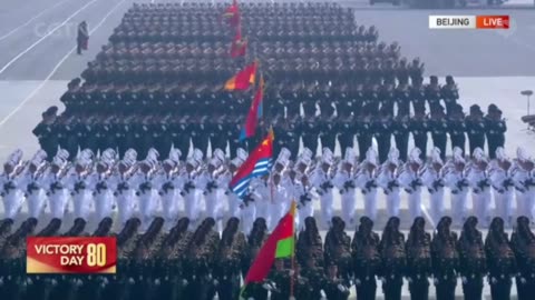Chinese Army, Navy and Airforce formations march past the viewing platform