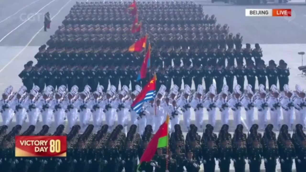 Chinese Army, Navy and Airforce formations march past the viewing platform