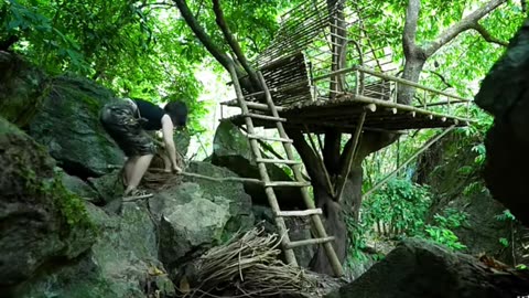 A sweet girl build a beautiful home in forest.