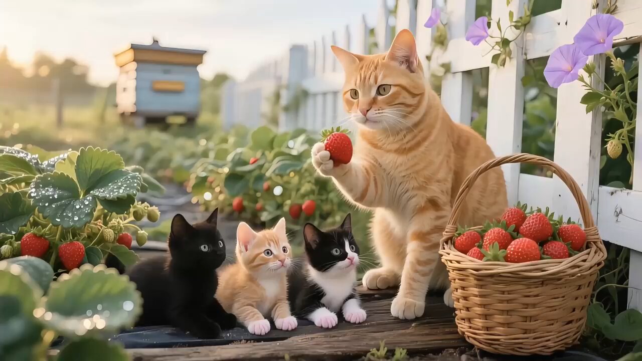 Mom Cat Picks Fresh Strawberries part 1