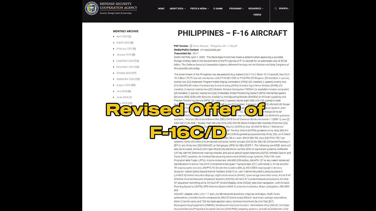 Revised Offer of F-16C/D Fighting Falcon Block 70/72 Aircraft to the Philippines approved by the US