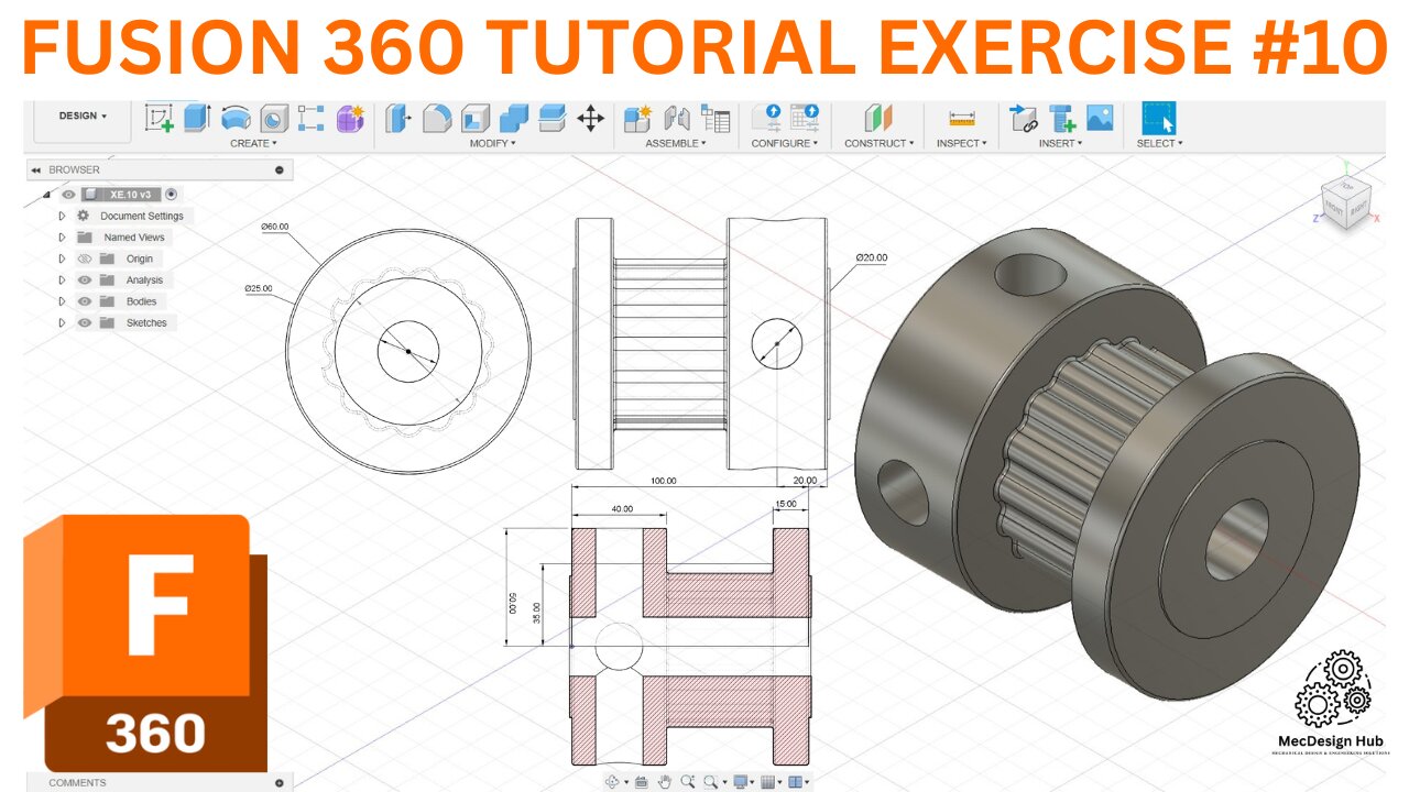 Fusion 360 Beginner Tutorial – Exercise 10 (Step-by-Step Guide for Beginners!) #mecdesignhub