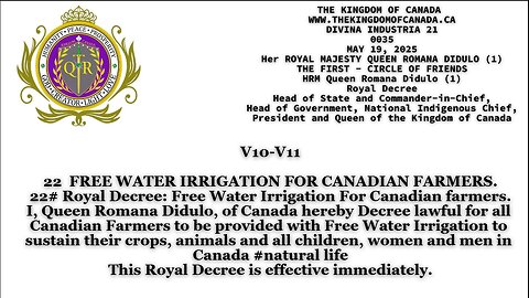 22 FREE WATER IRRIGATION FOR CANADIAN FARMERS. 22# Royal Decree: Free Water Irrigation For Canadian