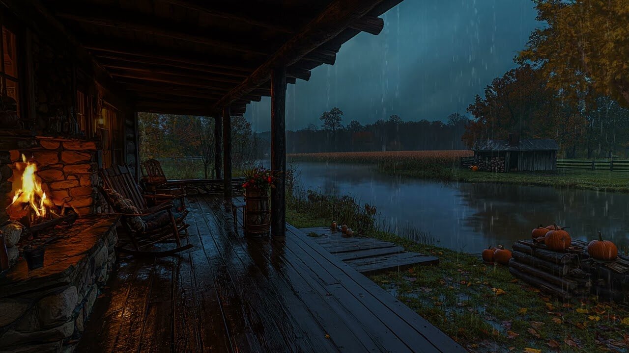 Autumn Rain Sounds 🍁 Cozy Porch with Fireplace & Countryside Serenity | Endless Loop for Sleep 🌙