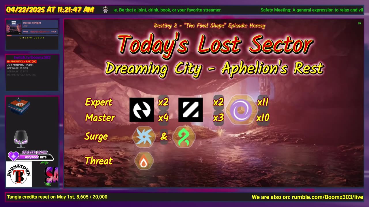 Destiny 2: 4-22-25 Aphelion's Rest is the Lost Sector. Arc/Strand Surge.