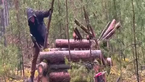 Building Wooden Cabin Off the Grid for Survival Under Rain