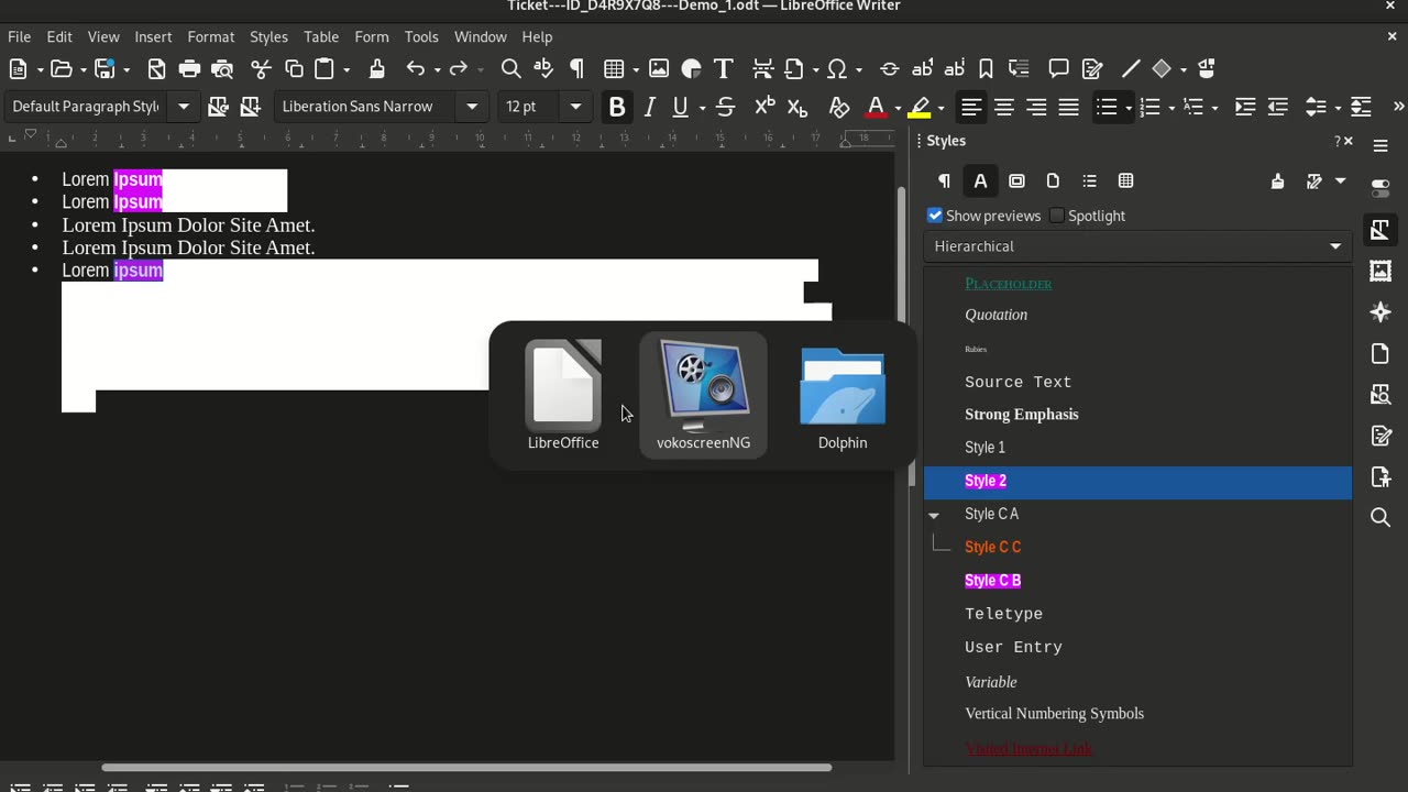 LibreOffice Writer 25.8.0.4 #165999. Challenge character highlighting on dark background.