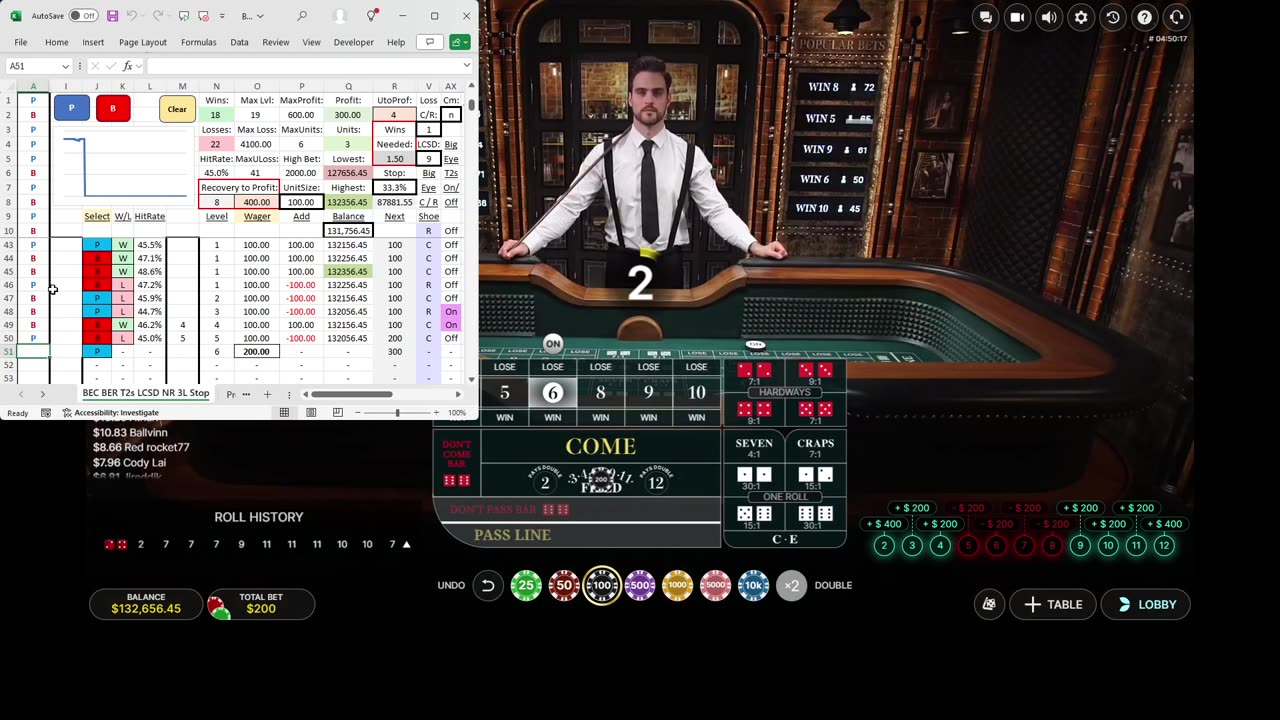 Live Craps - 53 units won in 57 minutes, betting every roll, with LCSD MM set to 9