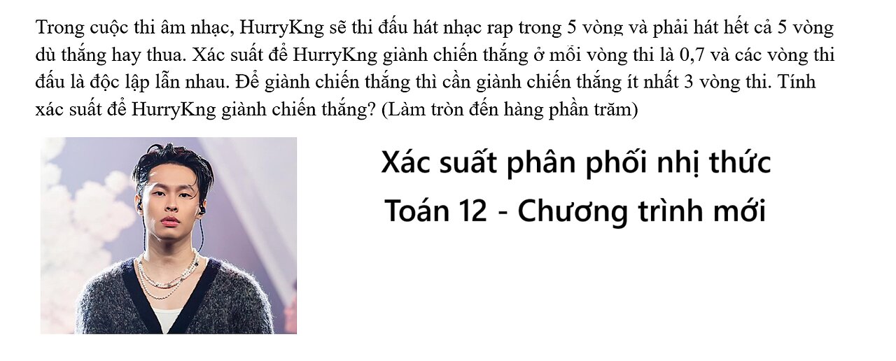 Toán 12: Trong cuộc thi âm nhạc, HurryKng sẽ thi đấu hát nhạc rap trong 5 vòng và phải hát