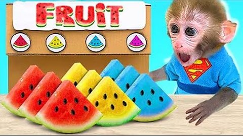 Monkey Baby Bon Bon takes the duck to toilet and eats watermelon with the puppy so yummy