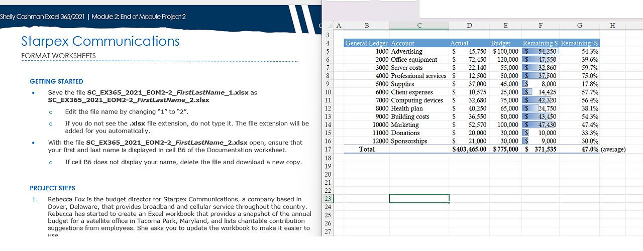 Shelly Cashman Excel 365/2021 | Module 2: End of Module Project 2 Starpex Communications