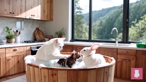 Mama Cat and Kitten Rescue Lost Rabbit Bring Home Cook For Her and Give Her a Loving Home