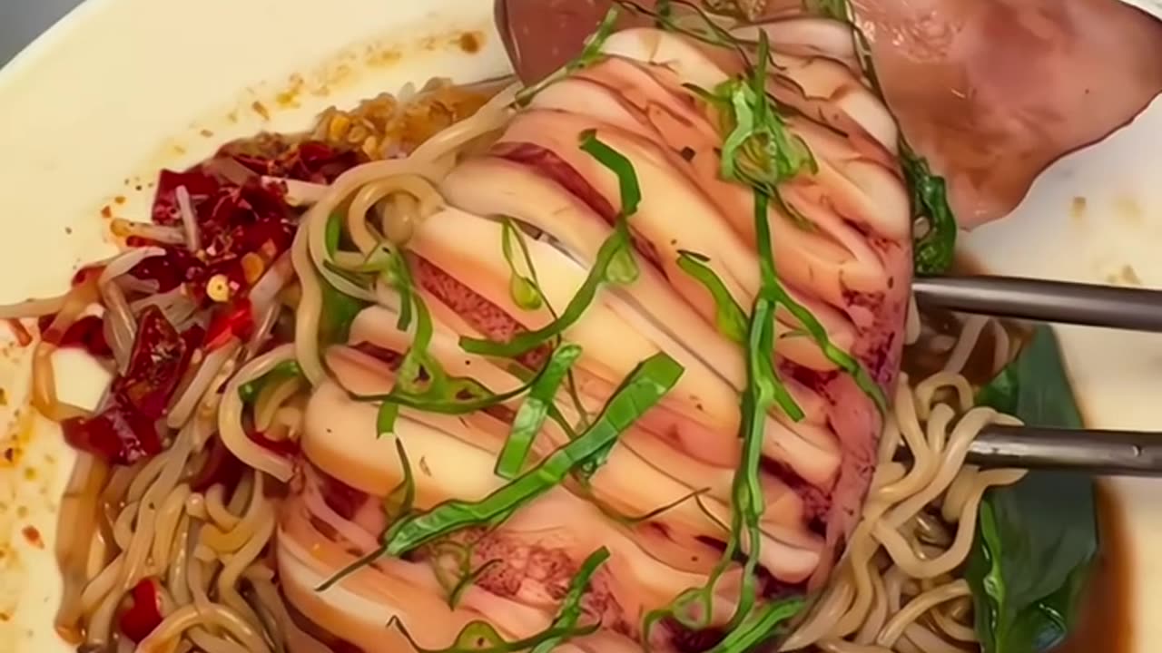 Spicy Ramen/noodle with big bite smoked squid