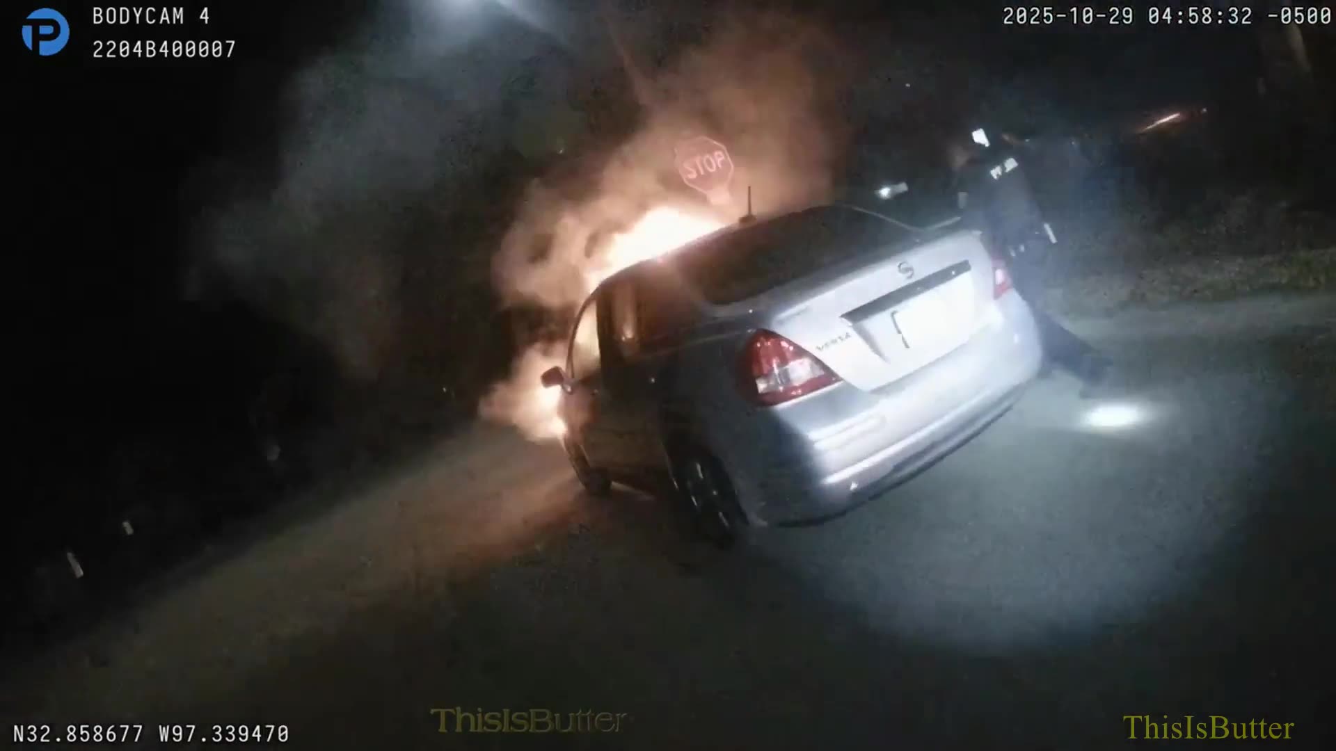 Blue Mound officers pull a driver from a burning car before fire engulfs vehicle