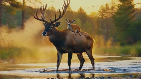 Golden Hour Deer Crossing with Fawn | A Breathtaking Moment in the Wild