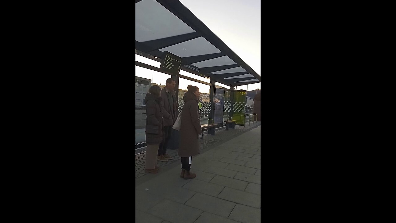 Woman in light autumn boots and without a hat freezes in -5°C while waiting for a bus.
