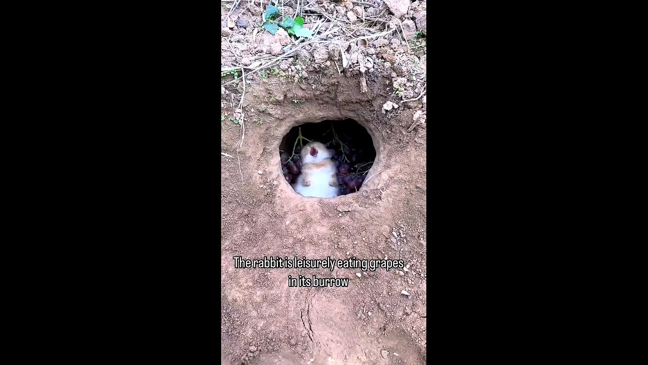 The rabbit is leisurely eating grapes in its burrow