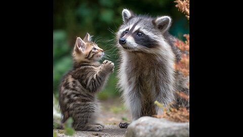 Raccoon Crashes Backyard to Steal Kitten's Dinner!