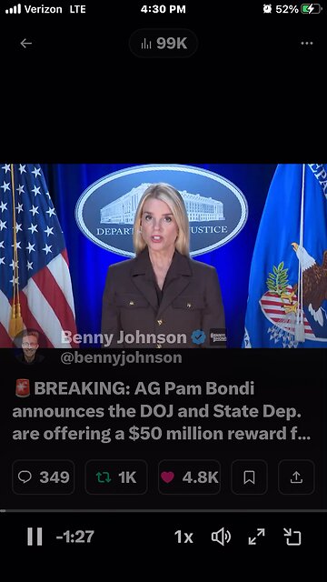 AG Pam Bondi announces the DOJ and State Dep. are offering a $50 million reward for information that