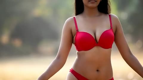 A beautiful Indian woman walks forward, shaking her buttocks, wearing a see-through red panty