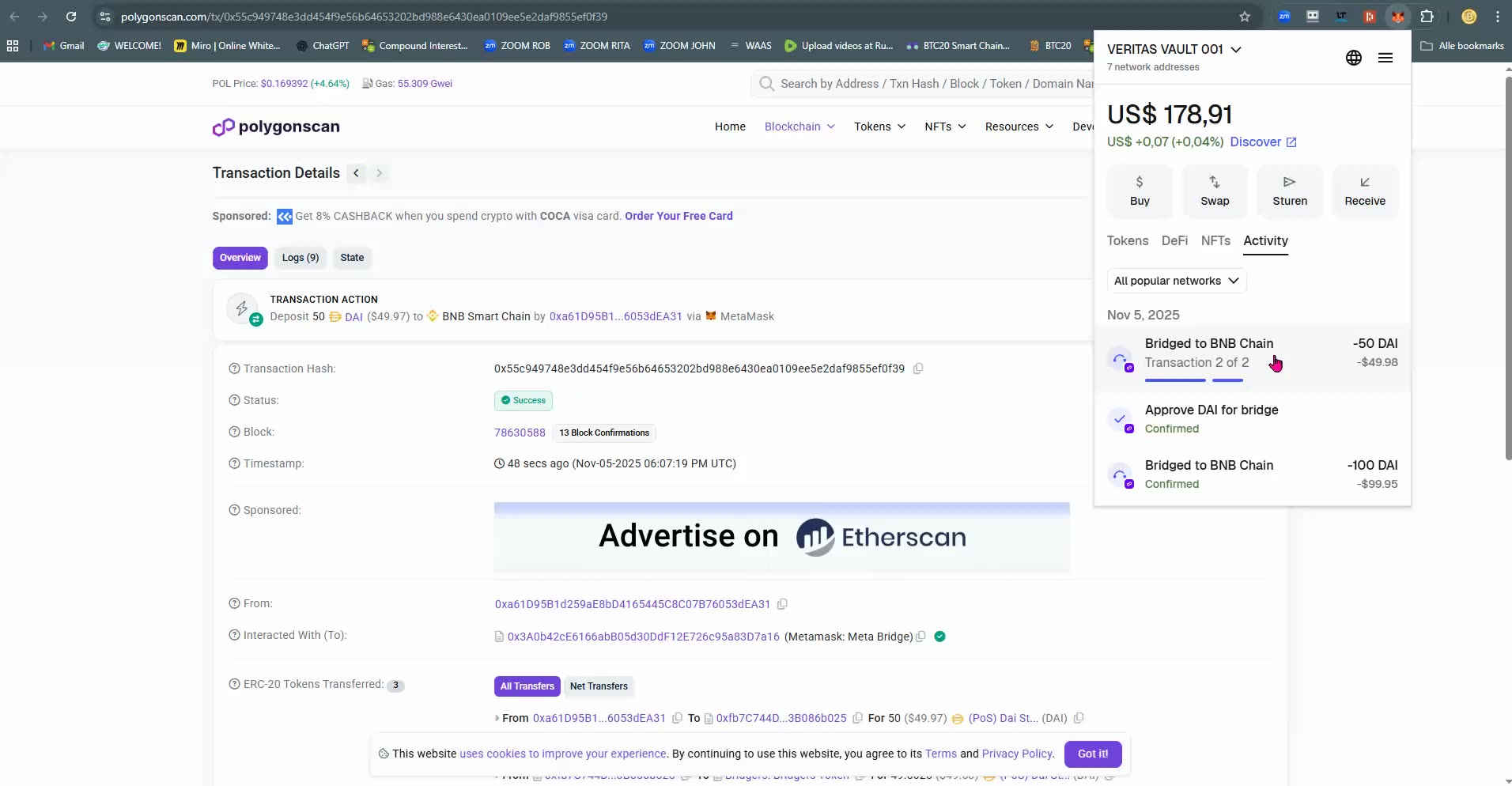 VERITAS VAULT (live demo) HOW TO BRIDGE DAI (polygon) to DAI (bnb) in MetaMask - TOP TEAM ROB BUSER