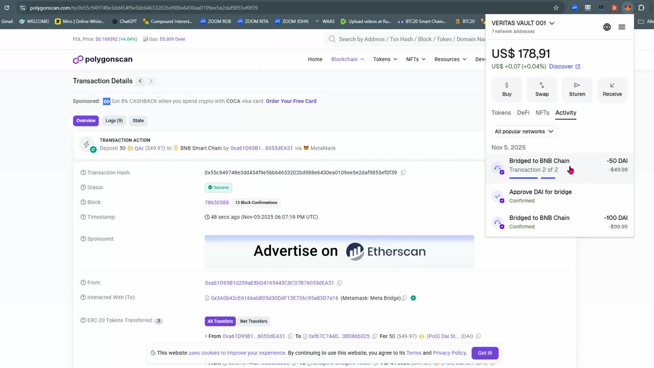 VERITAS VAULT (live demo) HOW TO BRIDGE DAI (polygon) to DAI (bnb) in MetaMask - TOP TEAM ROB BUSER