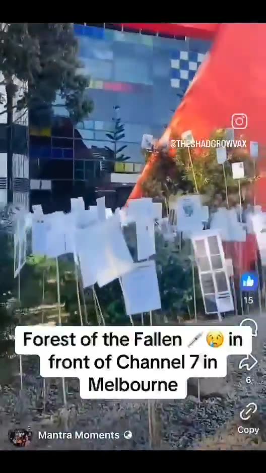 Memorial for Covid Vaccine deceased “Forest of The Fallen” set up outside Legacy Media in Melbourne